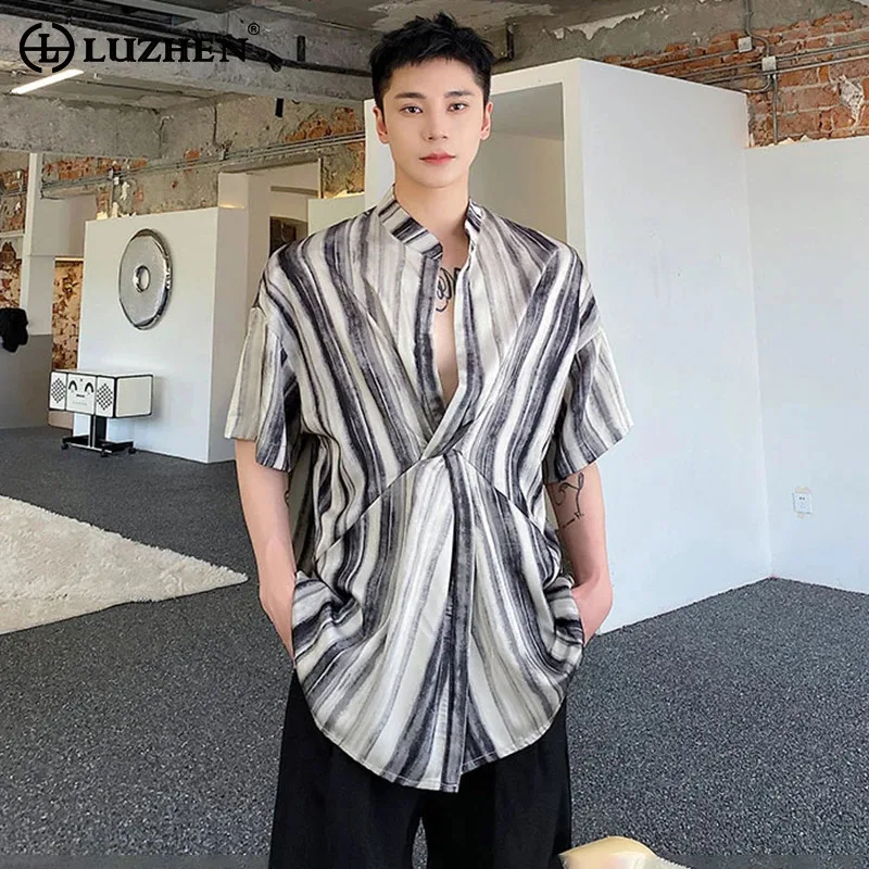 

LUZHEN Summer Stripe Printed Cross Placket Design Short 2025 Sleeve Shirt Men's Stylish Elegant Handsome Casual Male Tops JY2626