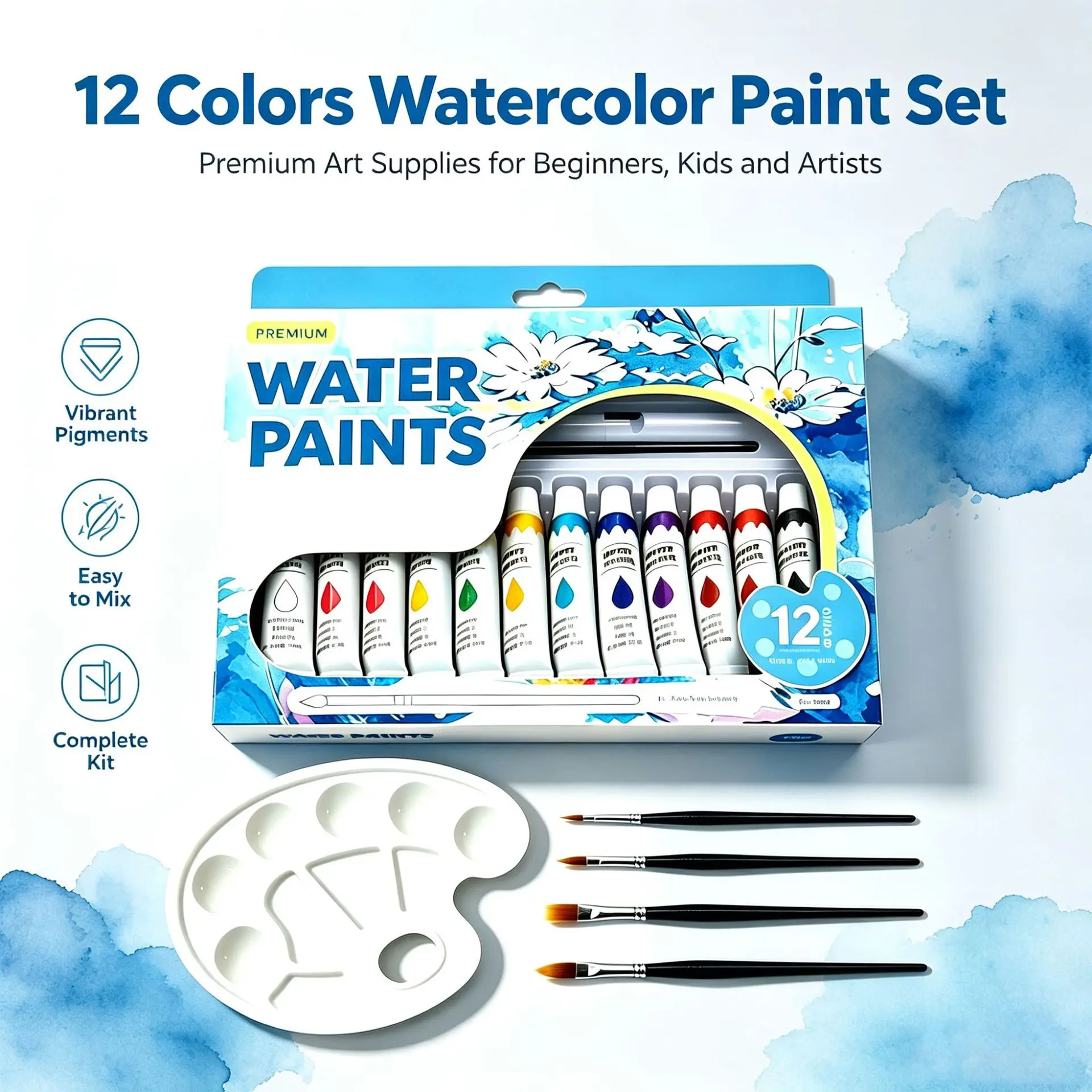 12 Colors 12ml Watercolor Paint Set with Palette & 4 Brushes Washable Pigment for Kids Beginners Art Drawing Painting Supplies