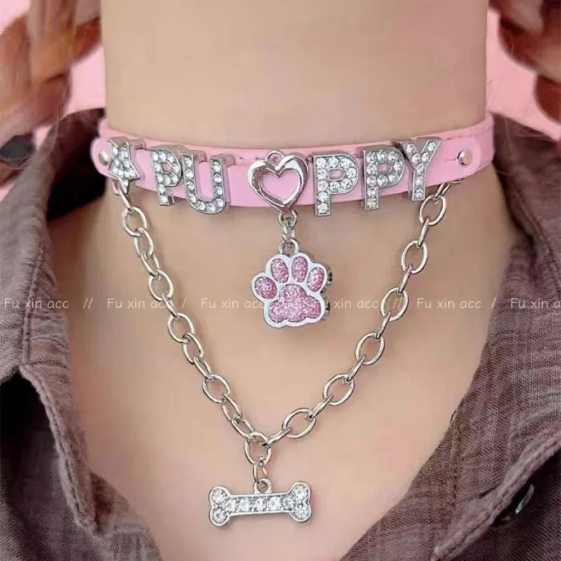 Coquette YK2 Crystal Rhinestone M Letters Dog Claw Puppy Collar Animal Paw and Claws Pendant Cat Choker Alt 2000s Accessories