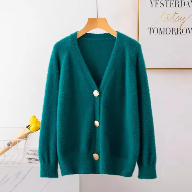 

Mink Velvet Coat Women Knitted Cardigan Spring Autumn New Korean Fashion V-Neck Tops Female Long Sleeve Loose Knitwear Tide W466