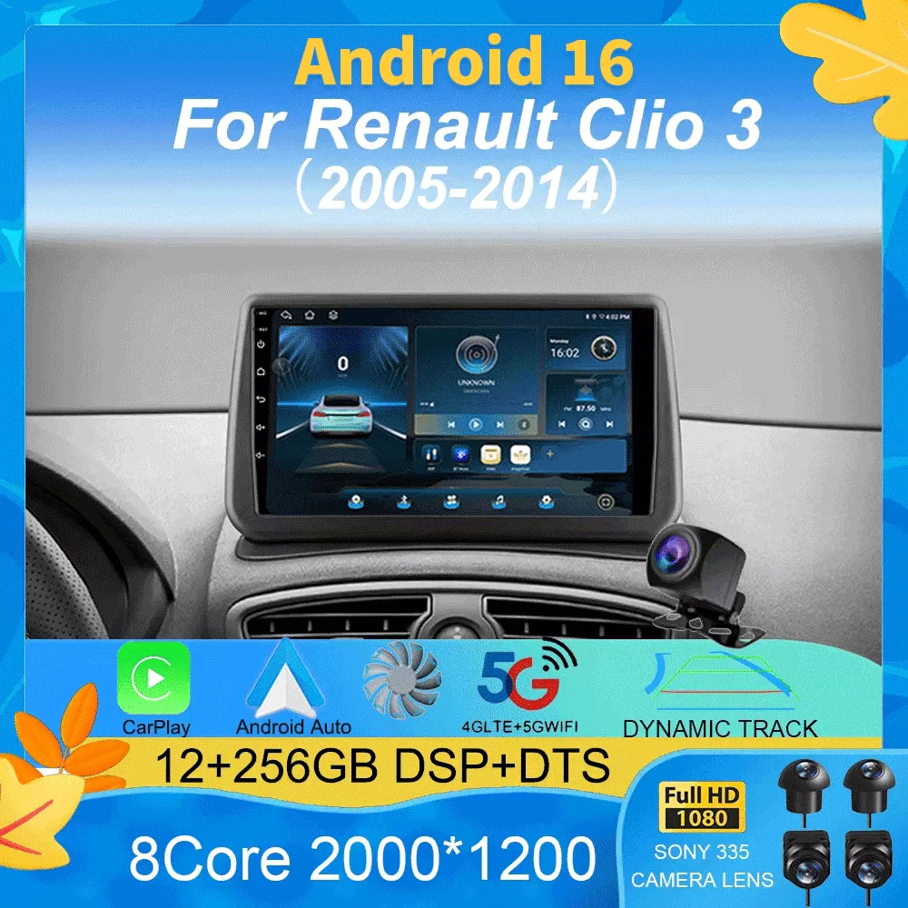 

Car Radio Android 16 For Renault Clio 3 2005-2014 2K QLED Android Multimedia Video Player GPS Stereo CarPlay 4G+WIFI Head Unit