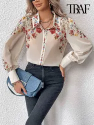 TRAF-Women's Floral Print Shirts, Semi Sheer, Long Sleeve, Button-up Tops, Female Blouses, Chic Fashion