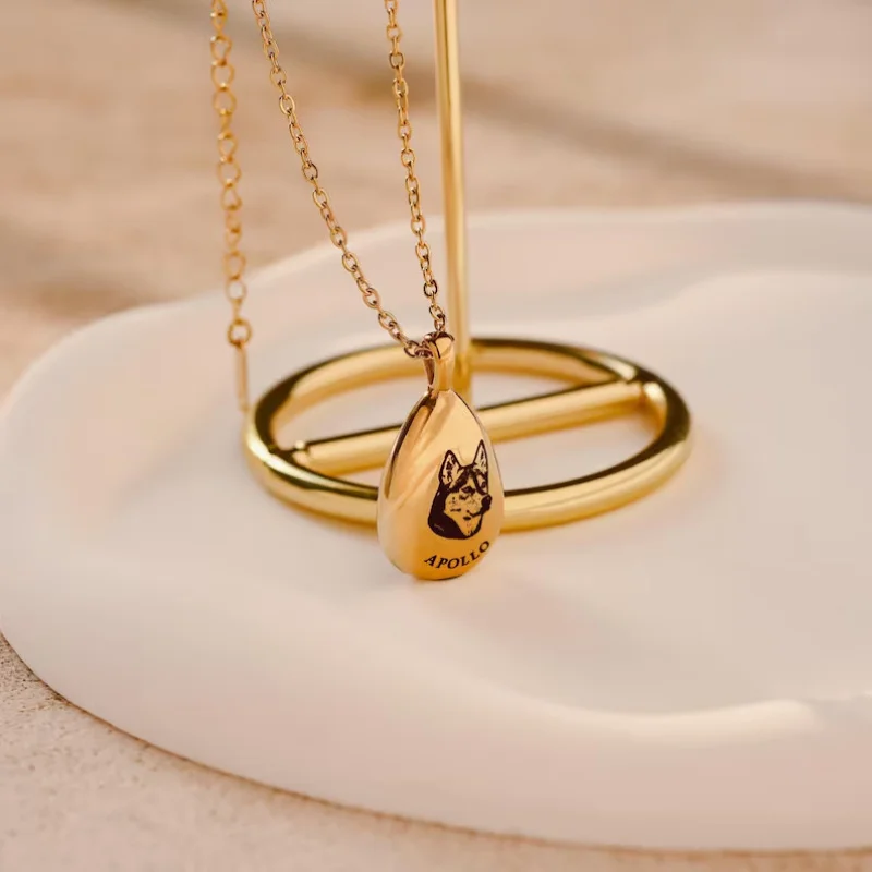 DUOYING Custom Pet Urn Necklace Engraved Name & Portrait Waterdrop Pendant Stainless Steel Ashes Holder Anniv My Love Gift