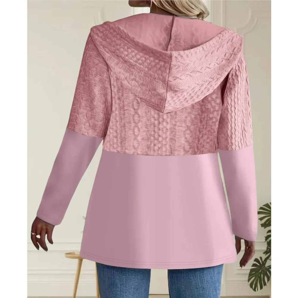 Autumn Winter Solid Color Ripple Splicing Loose Hooded Jacket Coat Women's Casual Long Sleeve Zipper Hooded Jackets Coats