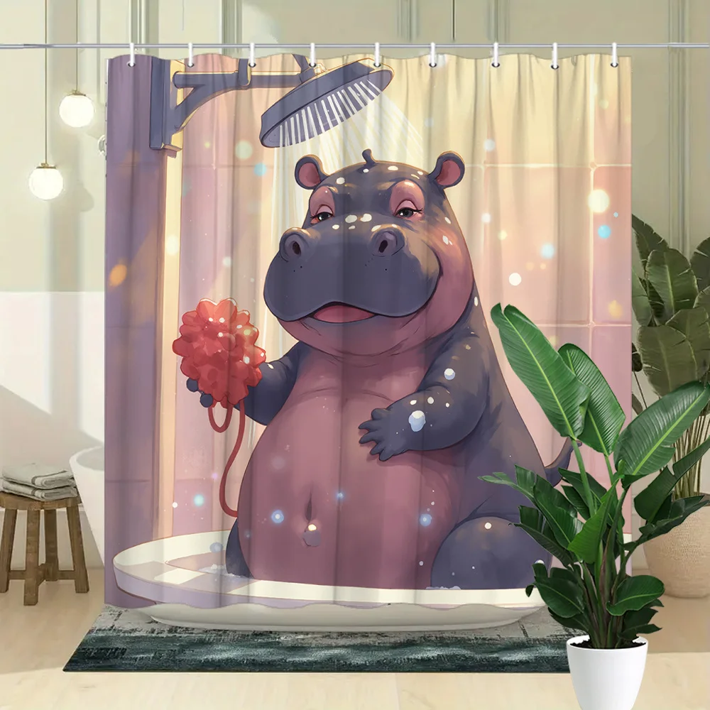 1pc Whimsical Chubby Black Hippo Shower Curtain with Red Loofah - Playful Bathtub Decor, Serene Cozy Vibes for Home