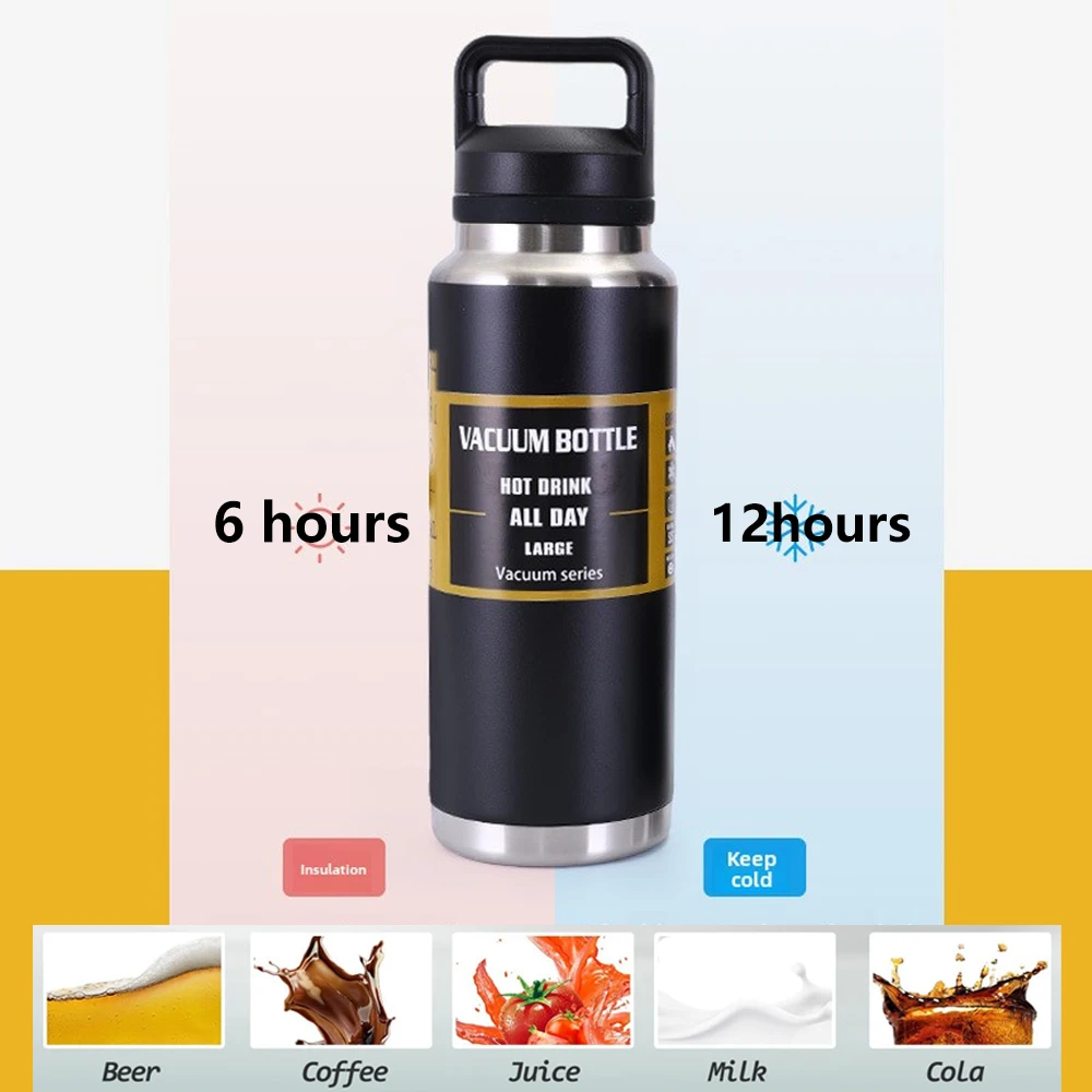 600/800/1100ML304 زجاجة ترمس من الفولاذ المقاوم للصدأ مع مقبض كوب ماء محمول زجاجة مياه شرب ساخنة وباردة تدوم طويلاً