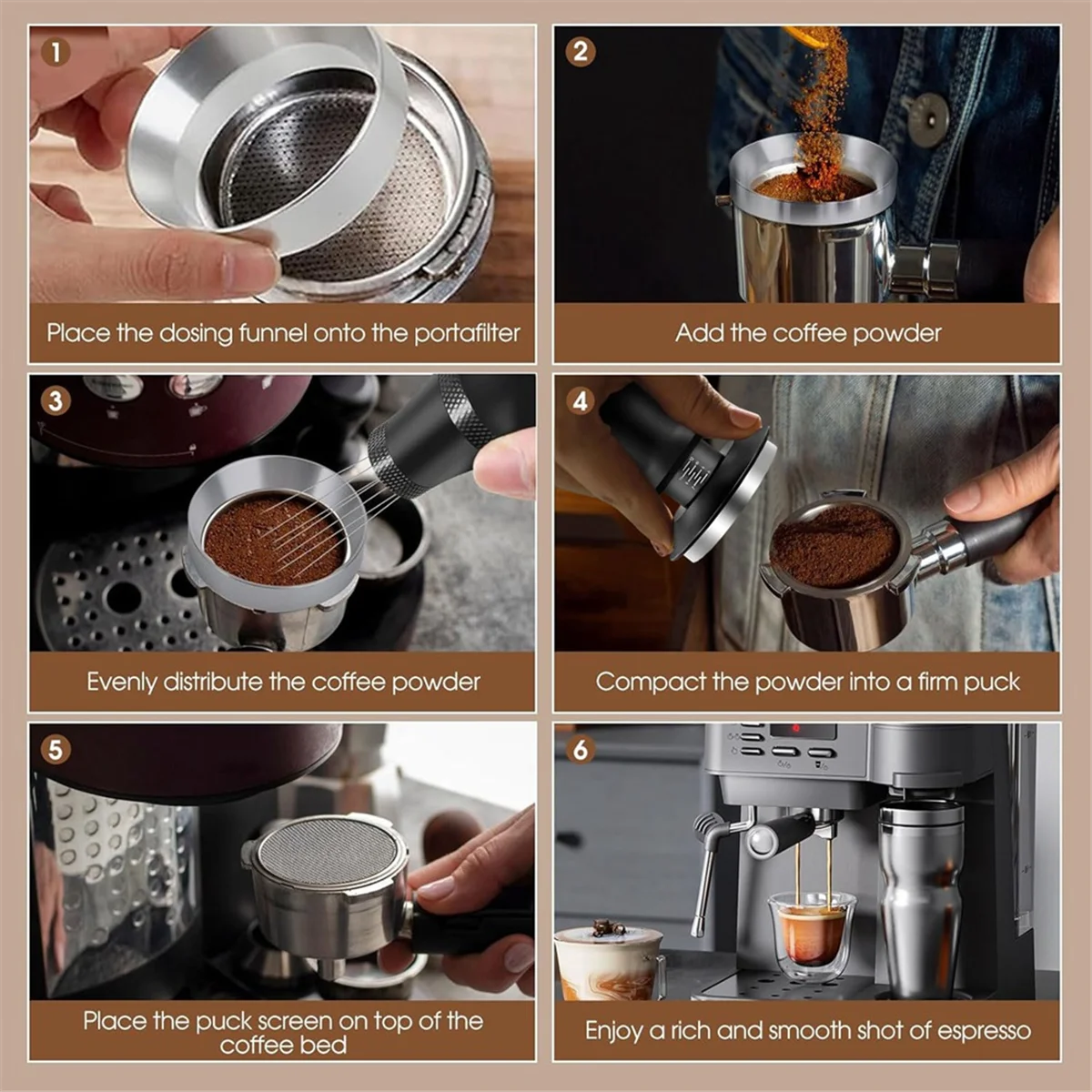 مجموعة ملحقات الإسبريسو مقاس 53 مم، سدادة معايرة محملة بنابض، أداة إبرة من الفولاذ المقاوم للصدأ ومجموعة قمع الجرعات