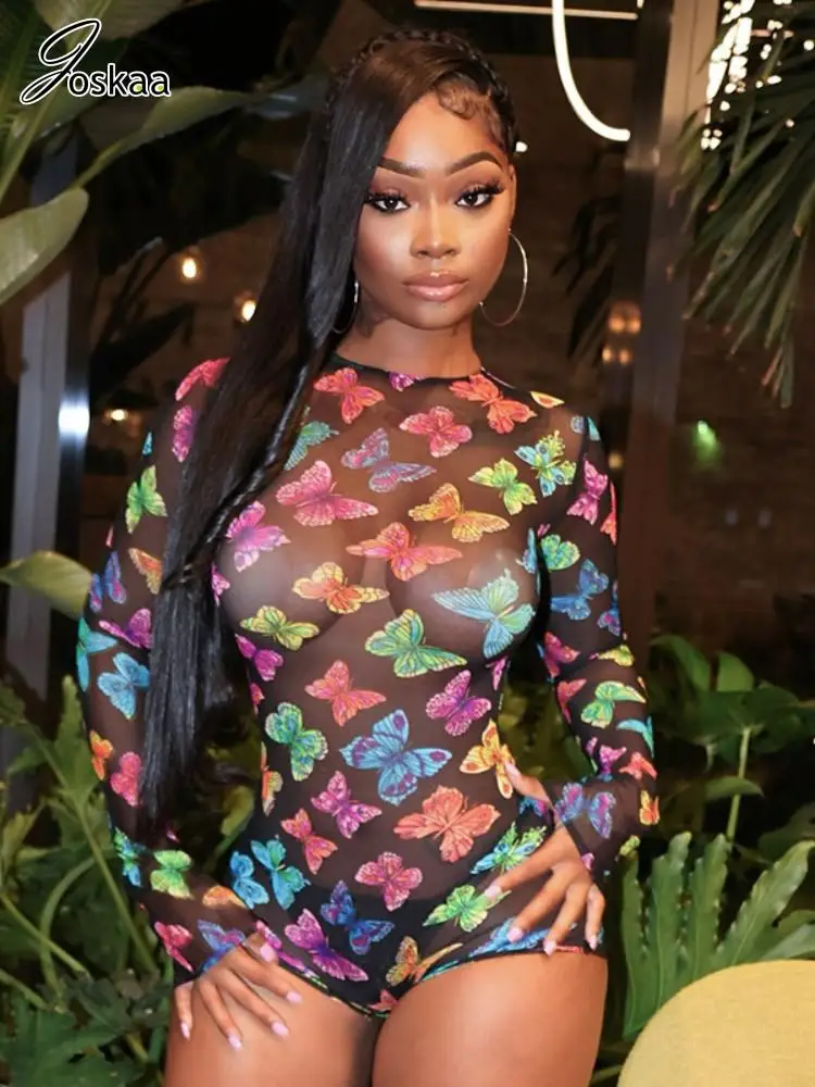 

Joskaa 2025 Women's Butterfly Print Playsuits Sexy Sheer Mesh Crew Neck Long Sleeve Backless Bodycon Rompers Y2K Party Clubwear