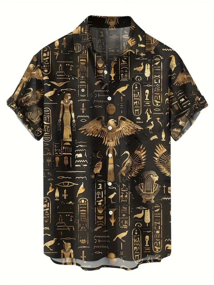 Men's collar short sleeved shirt, ancient Egyptian totem gold print full print shirt, Hawaiian beach vacation loose top
