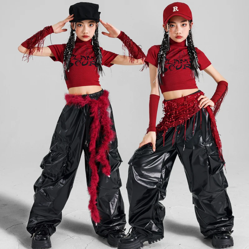 Hip Hop Mädchen Quasten Crop Top T-shirt Leder Hosen Street Dance Röcke Kinder K-pop Streetwear Kinder Jazz Kleidung Set kostüm
