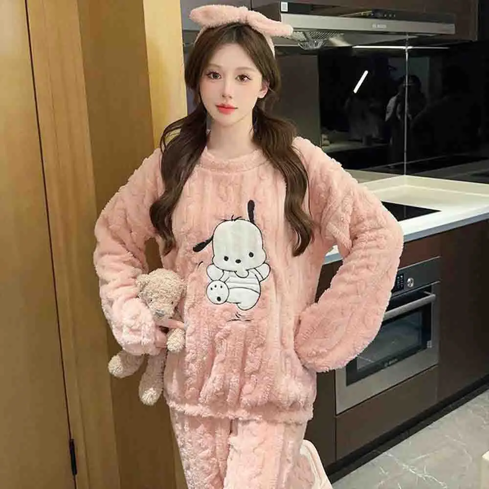 Hello Kitty Women's Embroidered Velvet Pajama Set Long Sleeve Top and Matching Pants Comfortable Winter Pajama Home Clothes Set - view 3