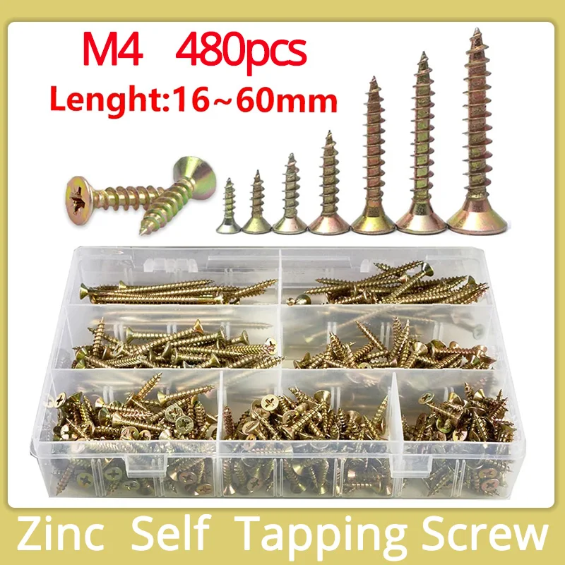 

M4 Phillips Countersunk Wood Self Tapping Screw Zinc Metal Flat Head Hardened Cross Drywall Self-taping Bolt Nail Assortment Kit