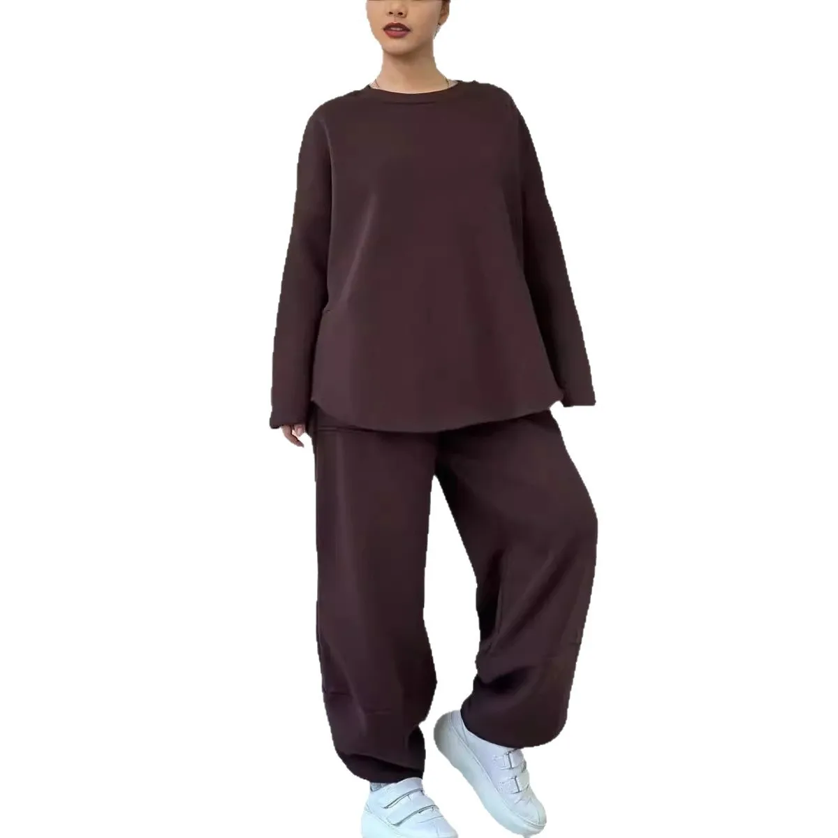 Women's new autumn and winter casual solid color round neck long sleeve pocket sports suit sweater loose women