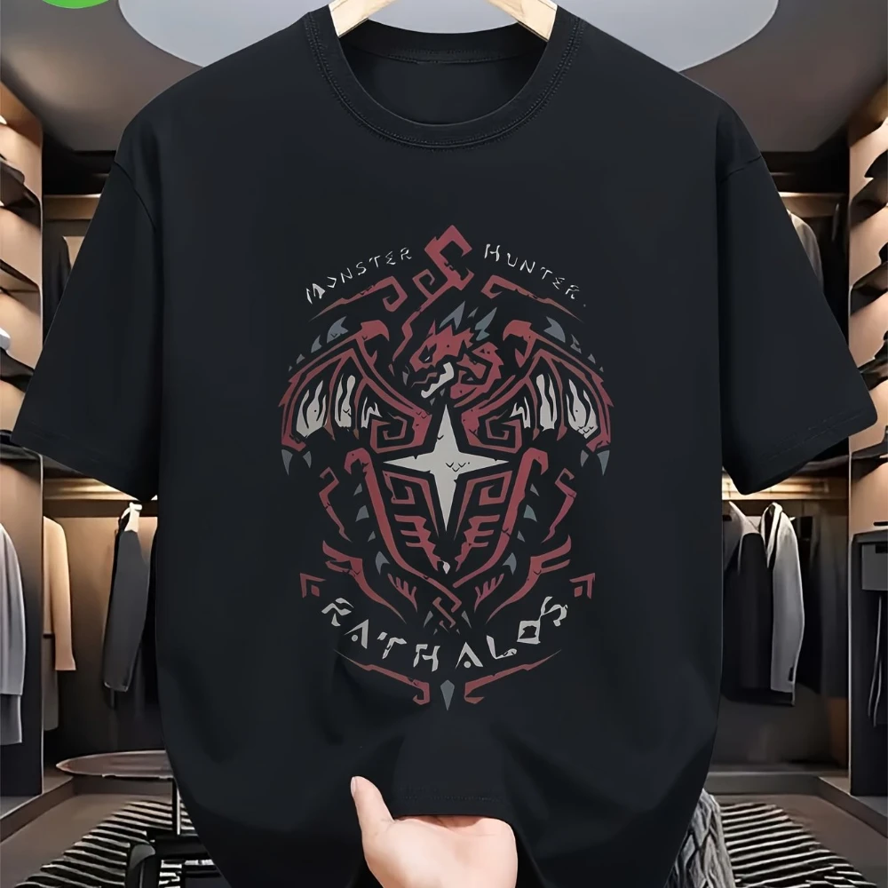 Rathalos Men Monster World Hunter Graphic T-Shirt Black with Red Monster Design Soft and Breathable Men's T-shirts for Summer