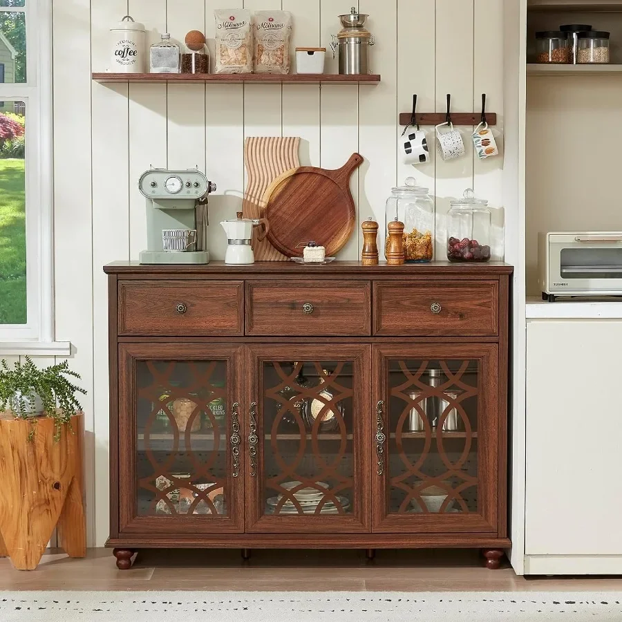 Farmhouse sideboard buffet cabinet for dining room and living room, solid wood construction, brown finish, 48-inch large creden view 3