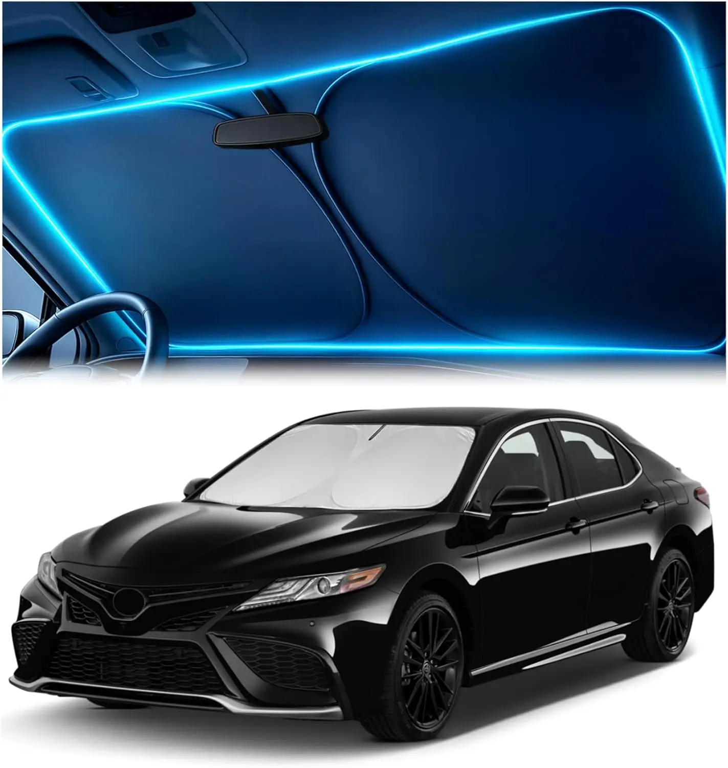 

Custom Fit Windshield Sun Shade for 2018-2024 Toyota Camry with Mirror Cut-Out, Blocks Heat & UV, Foldable with Storage Pouch
