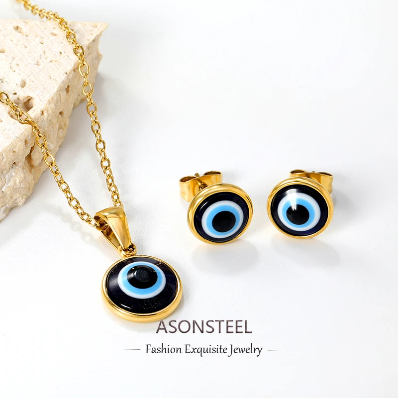 ASONSTEEL Türkische Blaue Böse Augen Anhänger Halsketten Ohrstecker Schmuck Sets Edelstahl Party Geschenk Mode Glück Schmuck