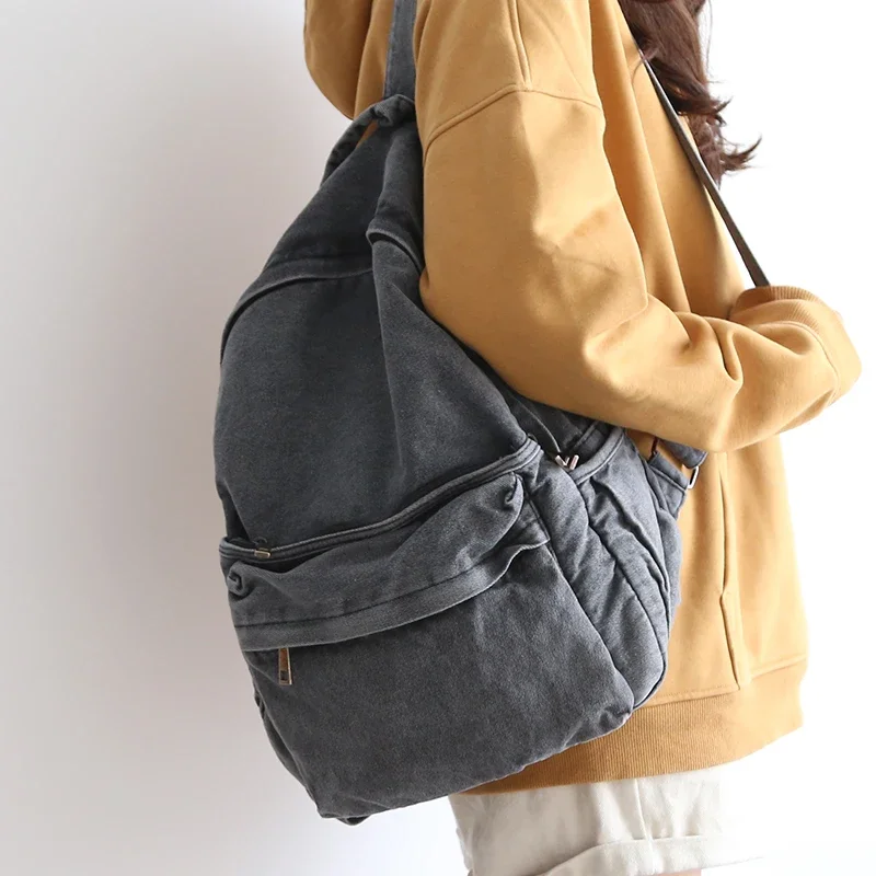 Ransel abu-abu kanvas tertekan Retro ransel perjalanan buku wanita perguruan tinggi tas punggung bepergian keren DenimLaptop tas ransel pelajar wanita