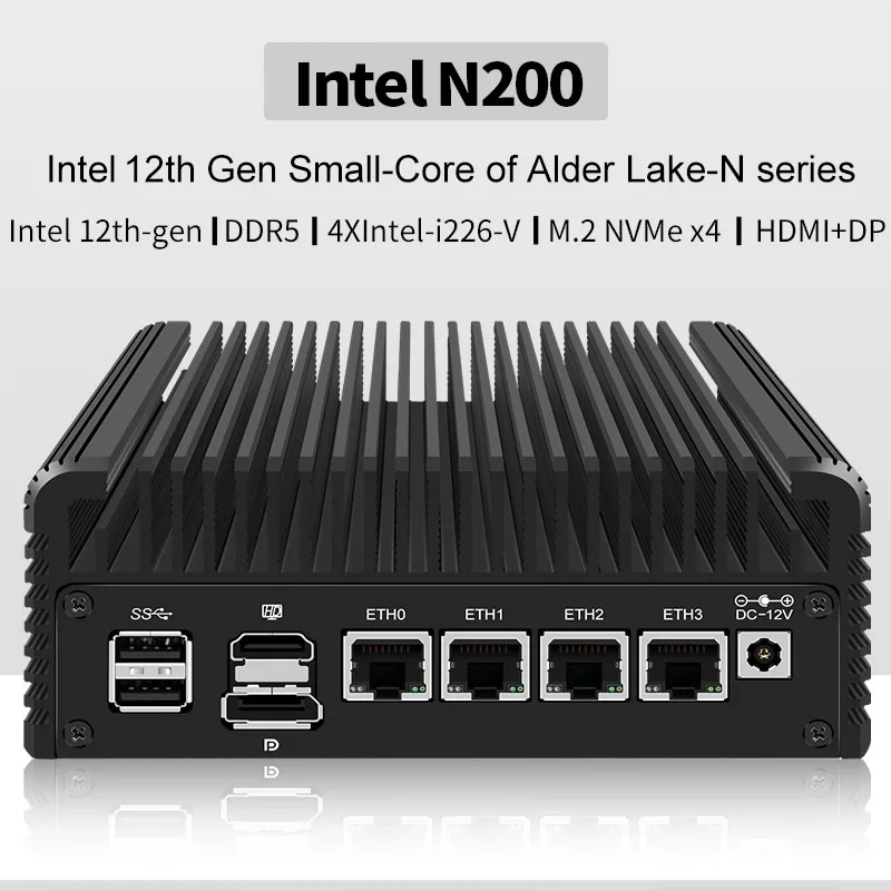 Zelroute Fanless Mini PC N100/N200/i3-N305 DDR5 16G + SSD 256G Mini Ordinateur, 4 LAN Ethernet DP & HDMI Touristes Affiche Win11