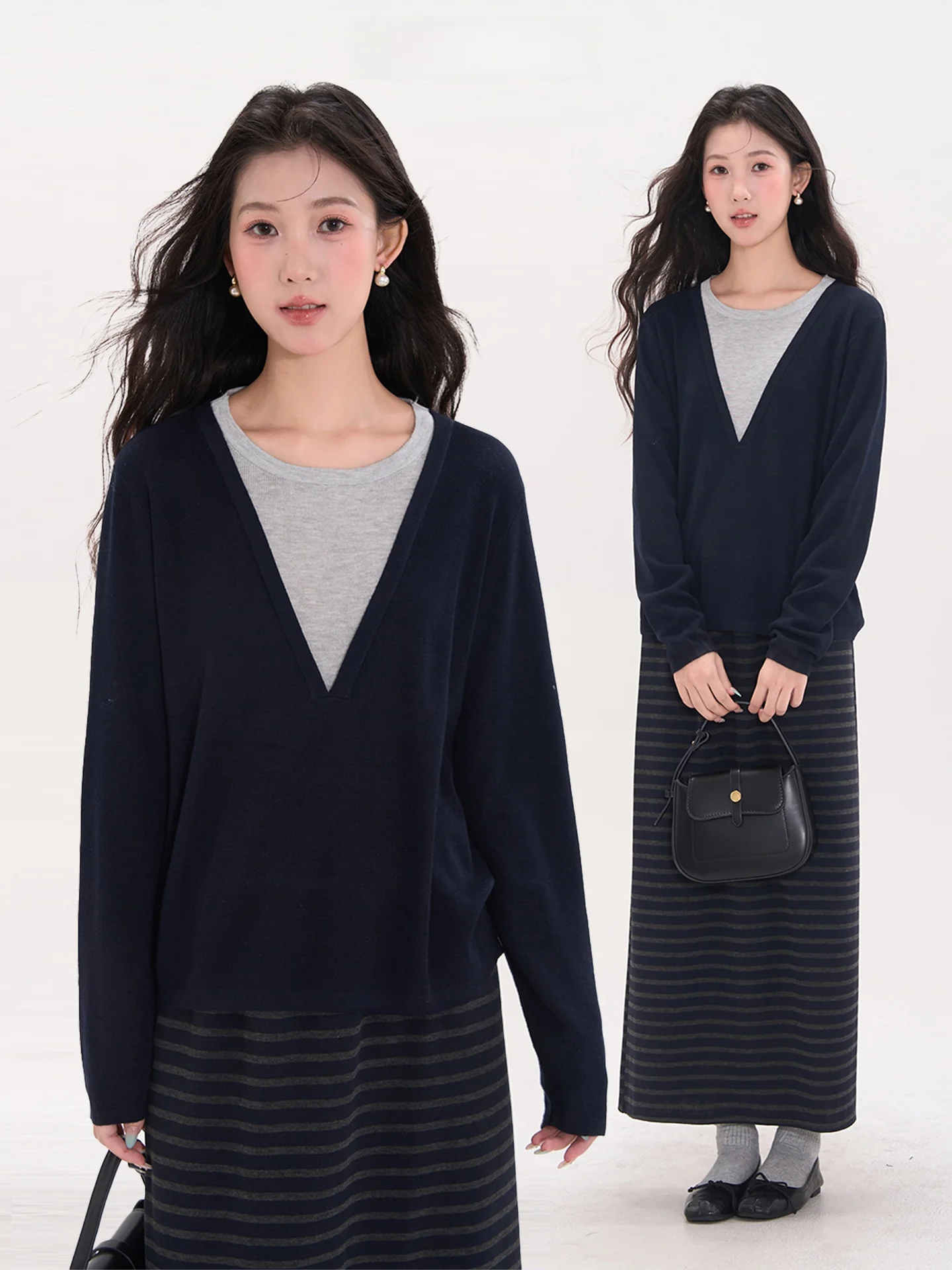 

Вязаный топ с длинными рукавами и круглым вырезом, имитация двухслойности, в стиле колор-блок, удобный для повседневной носки, женская мода