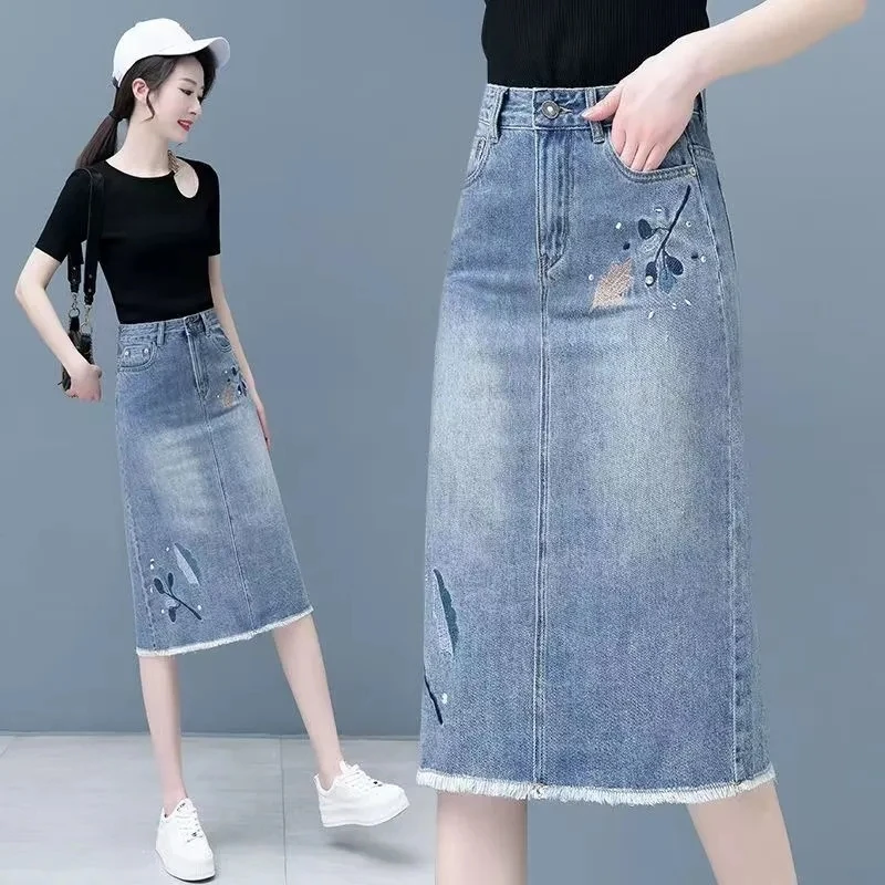 

Embroidery Denim Skirts For Women Summer New High Waist Fashion Thin Jean A-Line Skirt Diamond Casual Slim Midi Skirts 2024 New