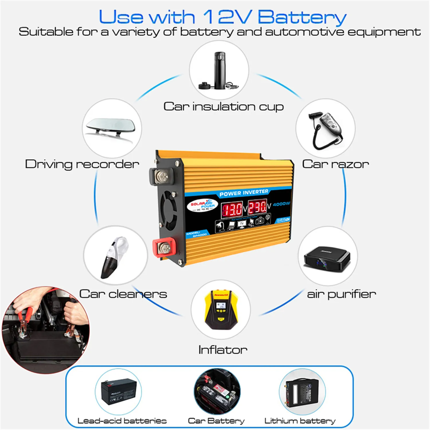 4000 واط سيارة العاكس 2 منافذ إخراج USB تعديل محول موجة جيبية مع شاشة LED 12 فولت إلى 110 فولت/220 فولت 300 واط تصنيف الطاقة ABS #6