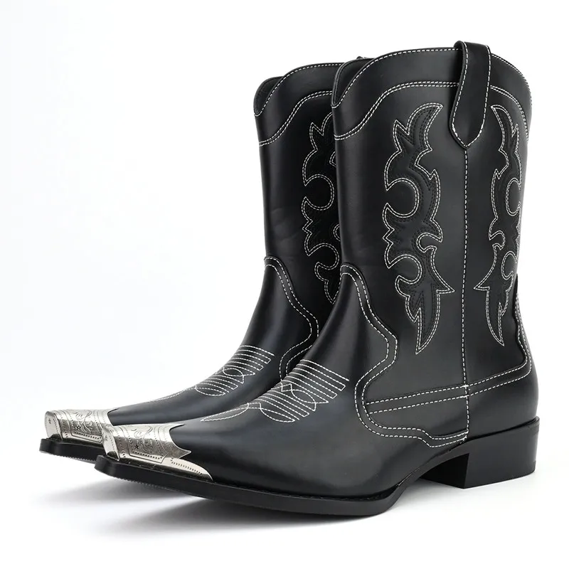 New Men High Boots Embroidery Retro Handmade 2027 Mens Western Cowboy Boot Pointed Toe Boots Hand Stitching Outdoor Men's Shoes