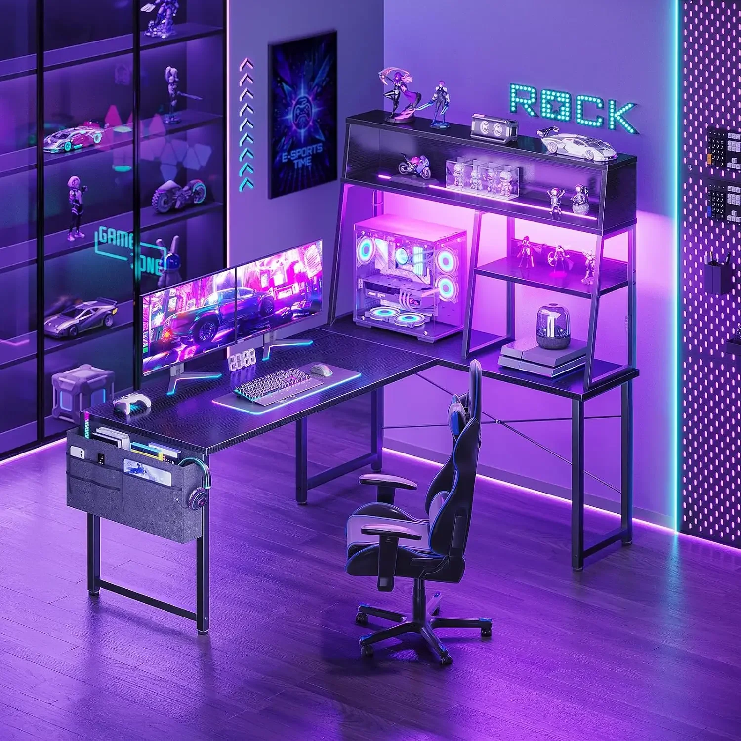 51 Inch L Shaped Gaming Desk with Display Shelves, LED Lights, Black | PC Tower Display Shelf, Display Hutch, Hanging Side