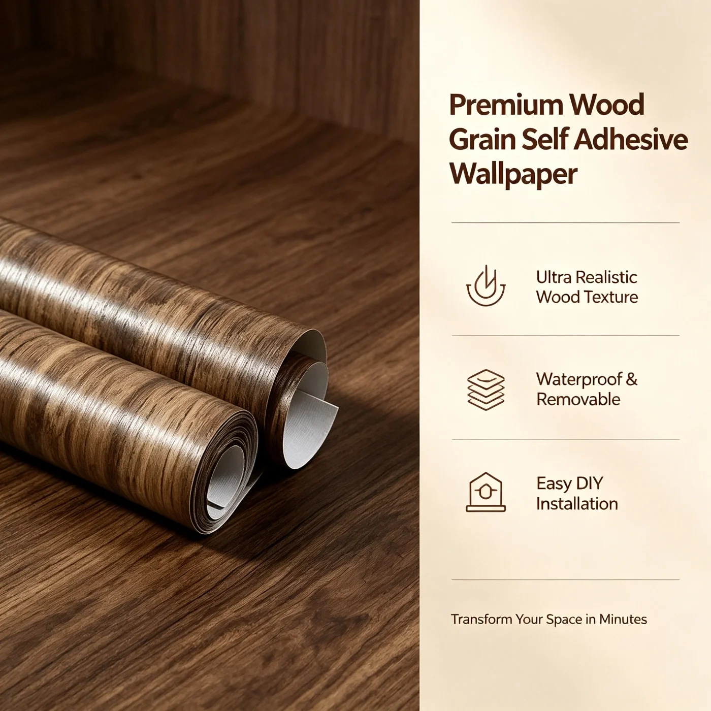 Wood Grain Self‑Adhesive Peel and Stick Contact Paper Waterproof Removable DIY Vinyl Film for Cabinet Table Furniture Decoration
