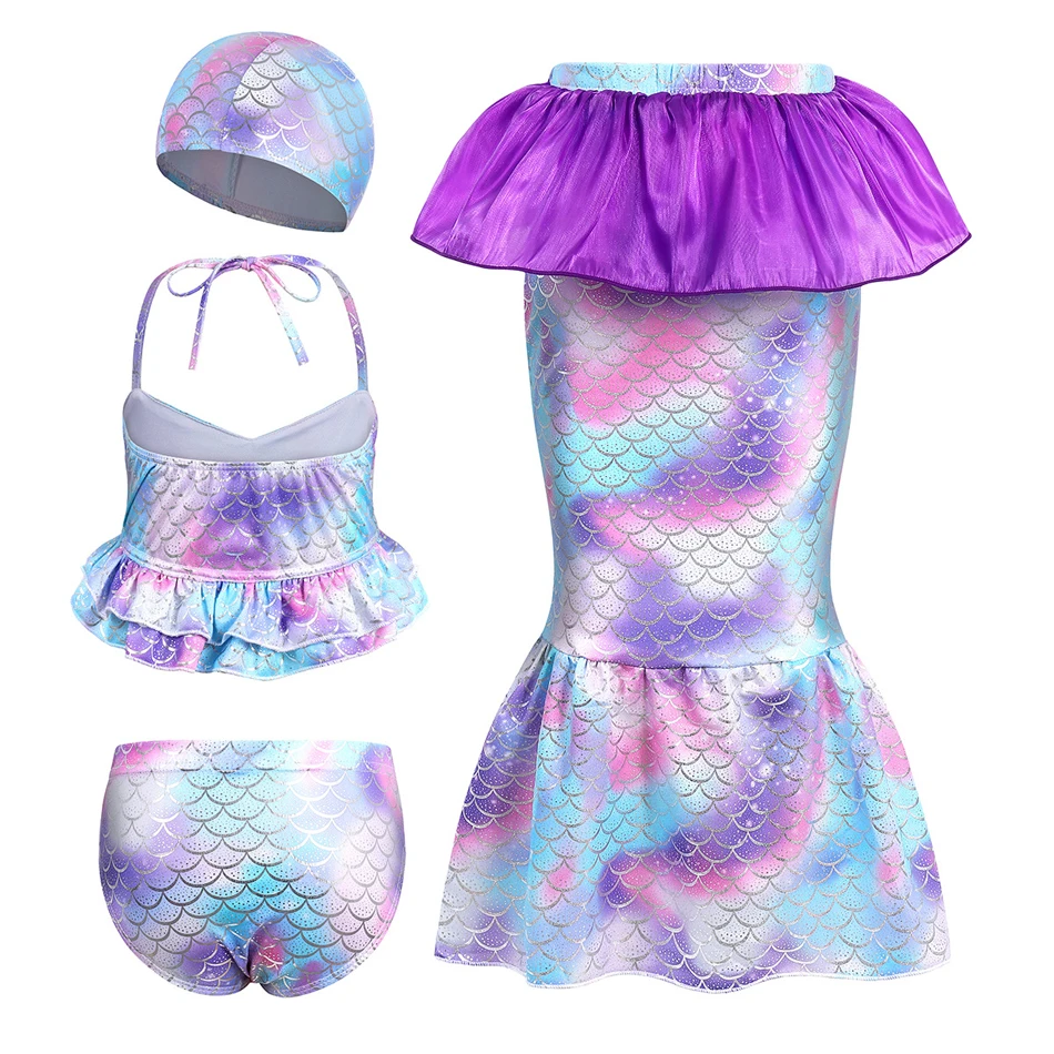 4Pcs Mermaid Cosplay Swimming Bikini Costume Girls Suspender Swim Cap Fishtail Skirt Sets Holiday Gift Children Summer Swimsuit