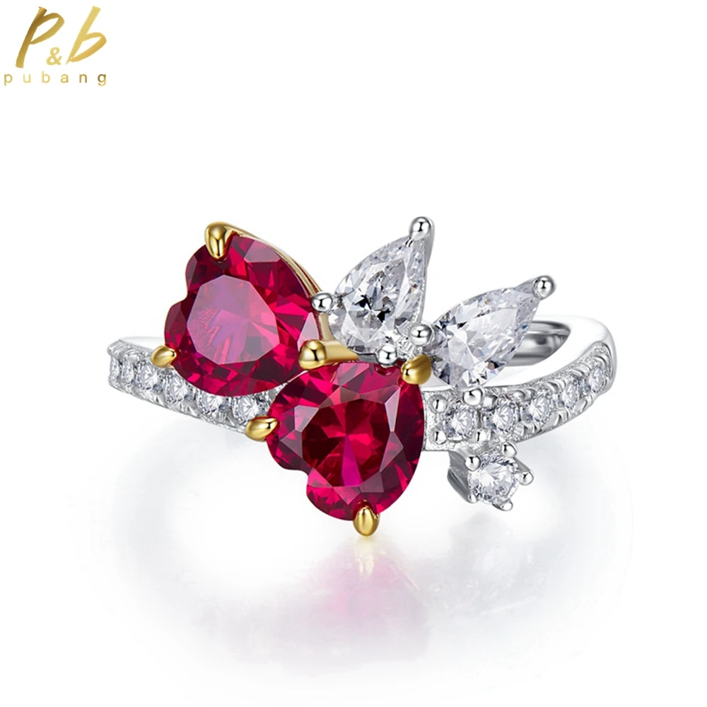 

PuBang Fine Jewelry 925 Sterling Silver Ruby Heart Gemstone Created Moissanite Diamond Ring for Women Wedding Gift Drop Shipping