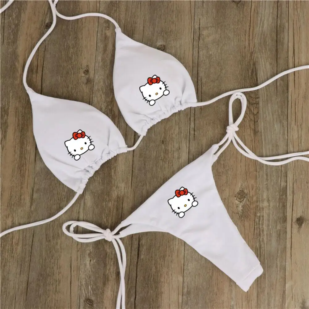 2Pcs Y2K Hello Kitty Swimsuit Set dla kobiet Sanrios Anime Kawaii Kuromi Bikini Sexy Hot Girl Sexy Underwear Bra Thong Girl Beach