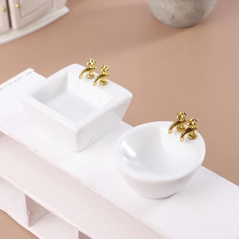 1:12 Dollhouse Miniature Ceramic Wash Basin Square Oval Bathroom Sink Model House Furniture Model Decor Toy Simulation Accessory