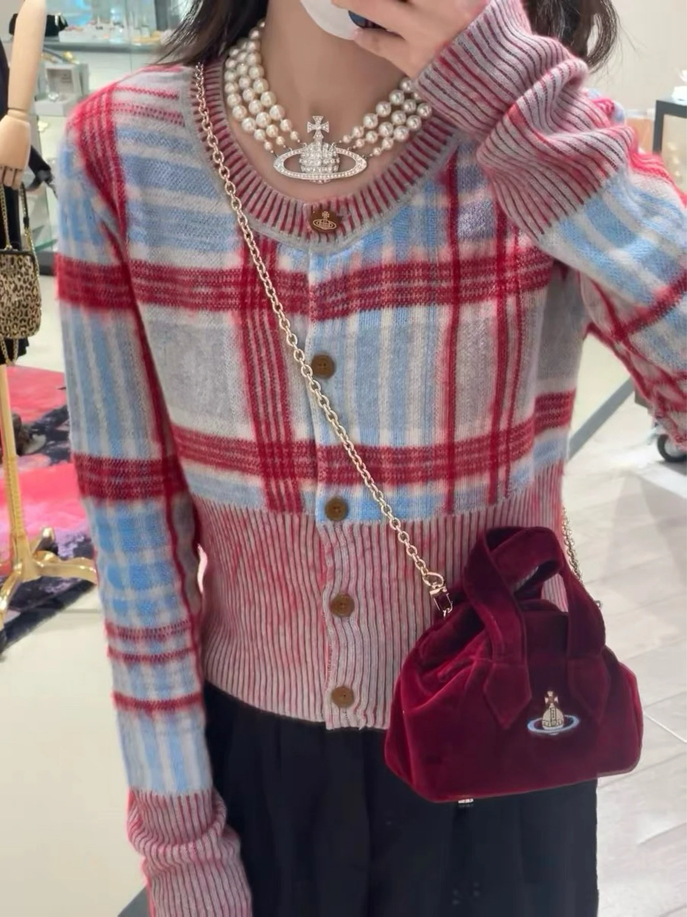 

Autumn Winter Retro Color Blo Plaid Embroidery Knitted Open Cardigan Pullover Vest Top for Women Regular Length