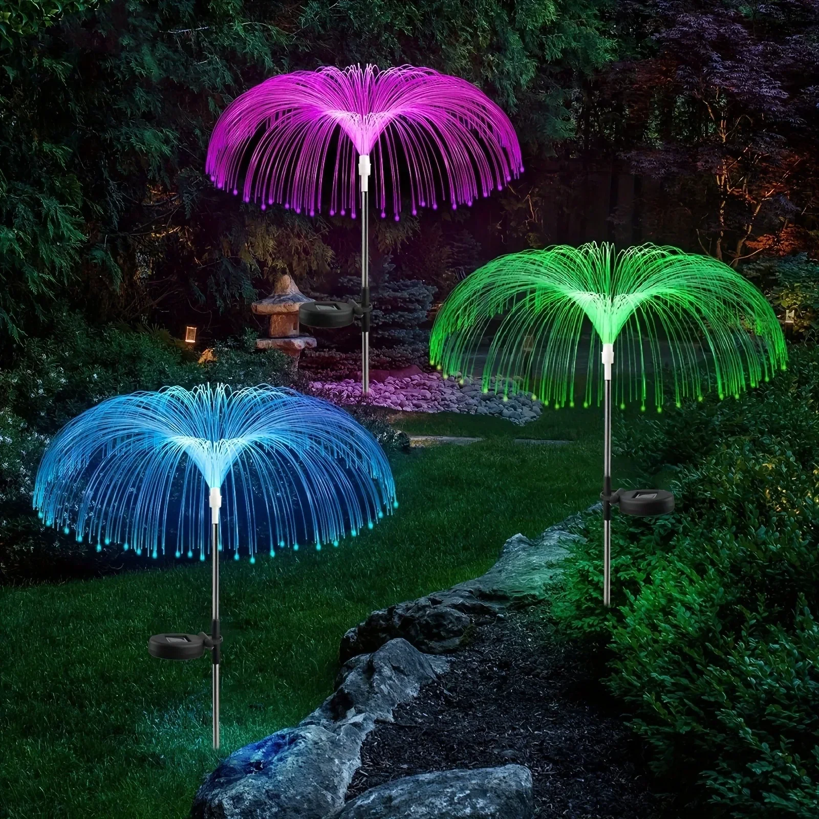 LED Outdoor Solar Garden Fairy Lights 7 Colors Variable Solar Stake Jellyfish Reed Lights Solar Outdoor Color Changing Lights