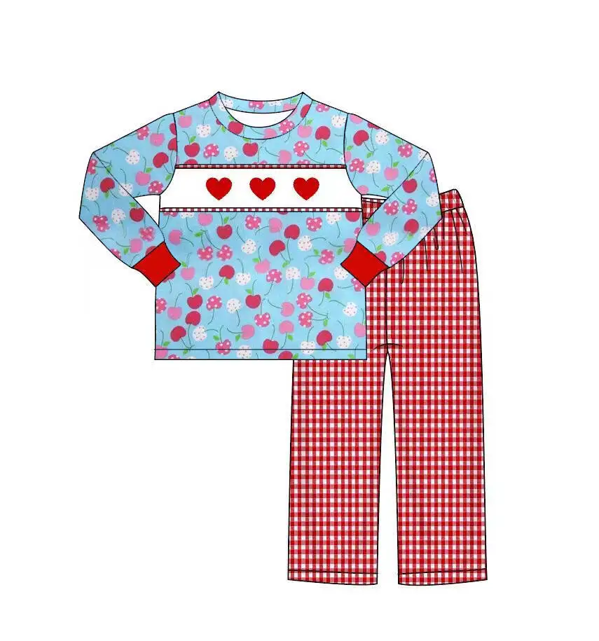 Valentine's Day Children's Clothing Girls Boutique Baby Cherry Love Print Ruffle Pants Suit Twins Matching Boys Suit