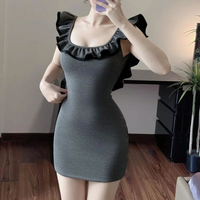 

2025 Spring New Ruffle Square Neck Sexy Waist Small Dress