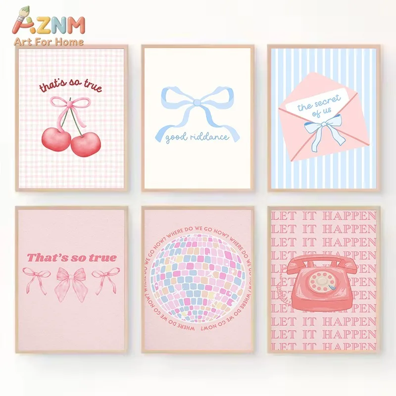 

Настенное искусство на холсте AZNM Coquette Aesthetic с изображением вишневого банта, ретро-постер с принтом диско-шара и телефона, без рамки, розовый, в стиле преппи, иллюстрация в стиле Y2K