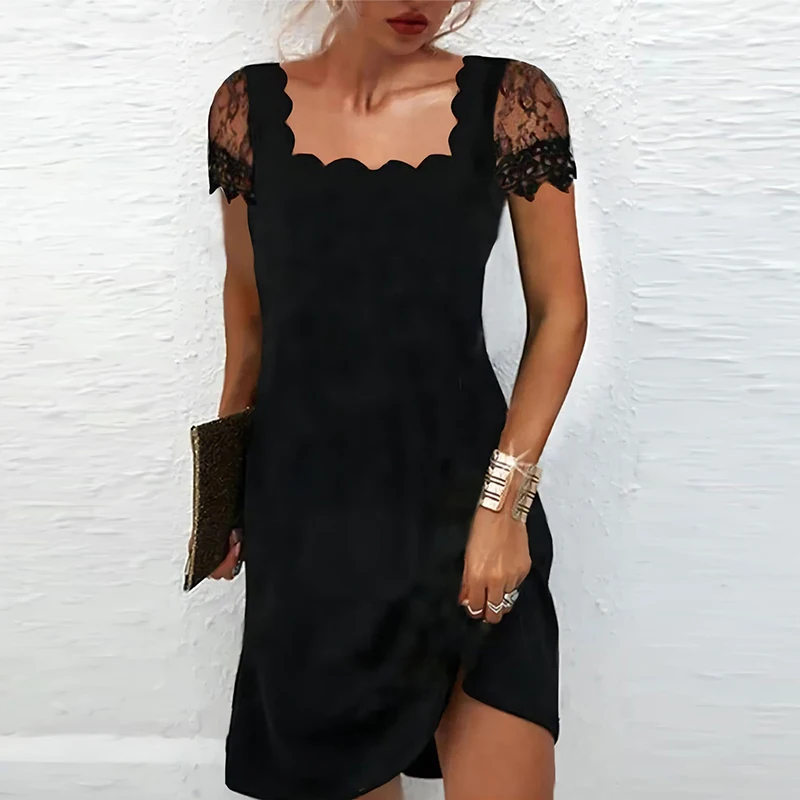 Abiti per le donne 2022 Summer Chic Black Plain Contrast Lace capesante Trim Casual Vacation allentato manica corta Mini abito dritto