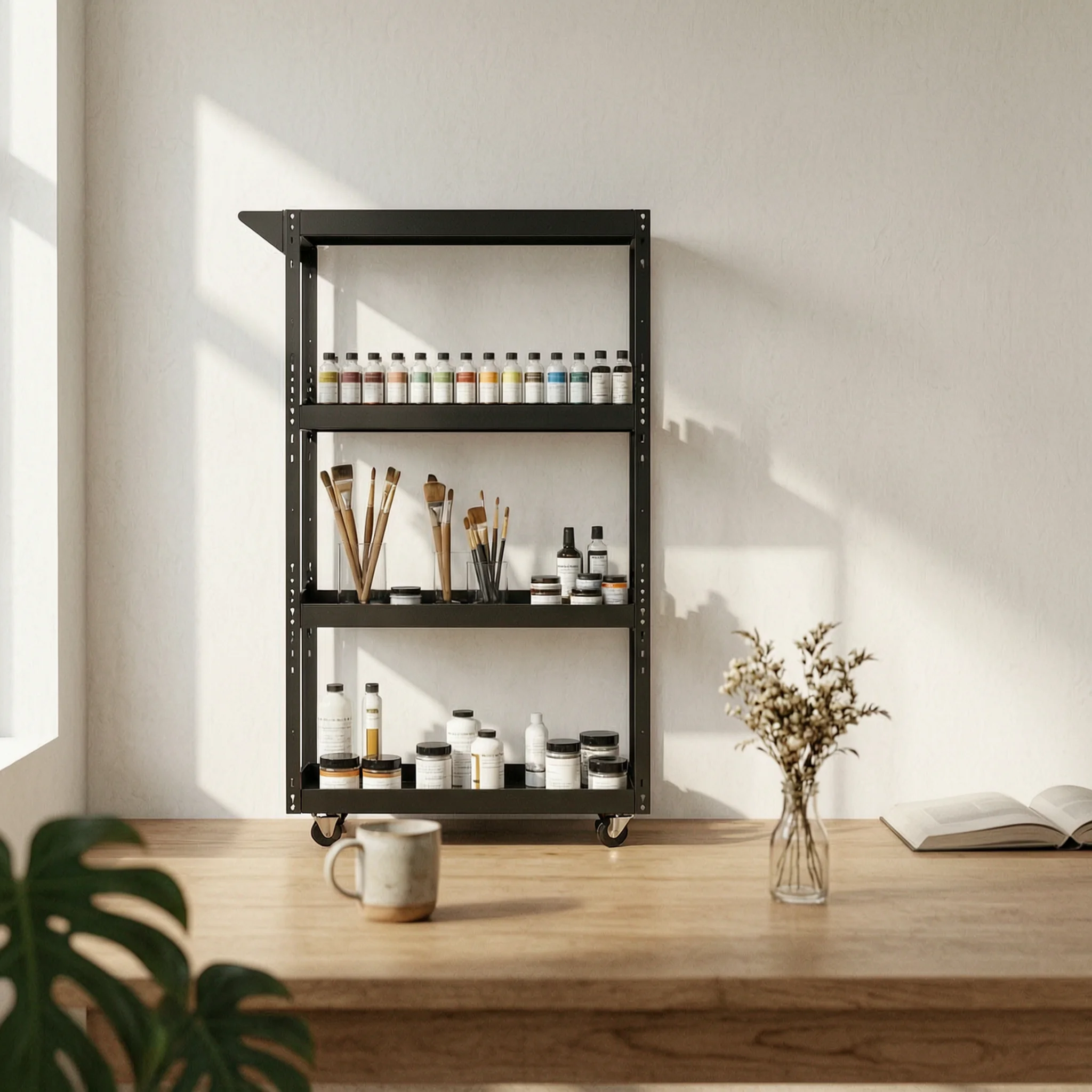 

Art Supply Cart Perforated Side Metal Rolling Cart Household Storage Raised Tray Edges Uncovered Tiers