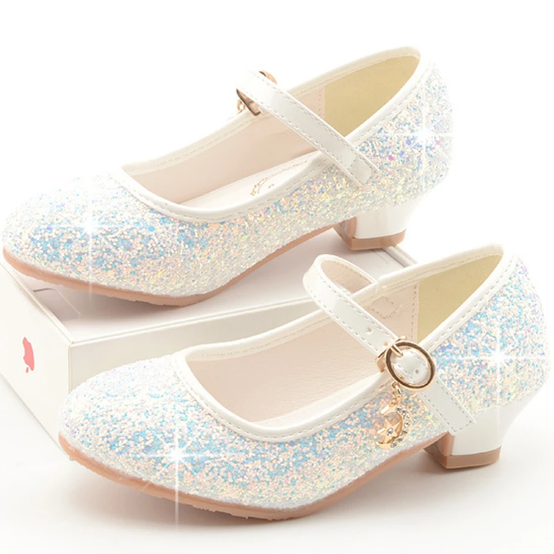 Glitter Princess Shoes for Girls Autumn Children\'s Shoes with Heels Fashion Wedding Party Kids Leather Shoe Breathable Non-slip