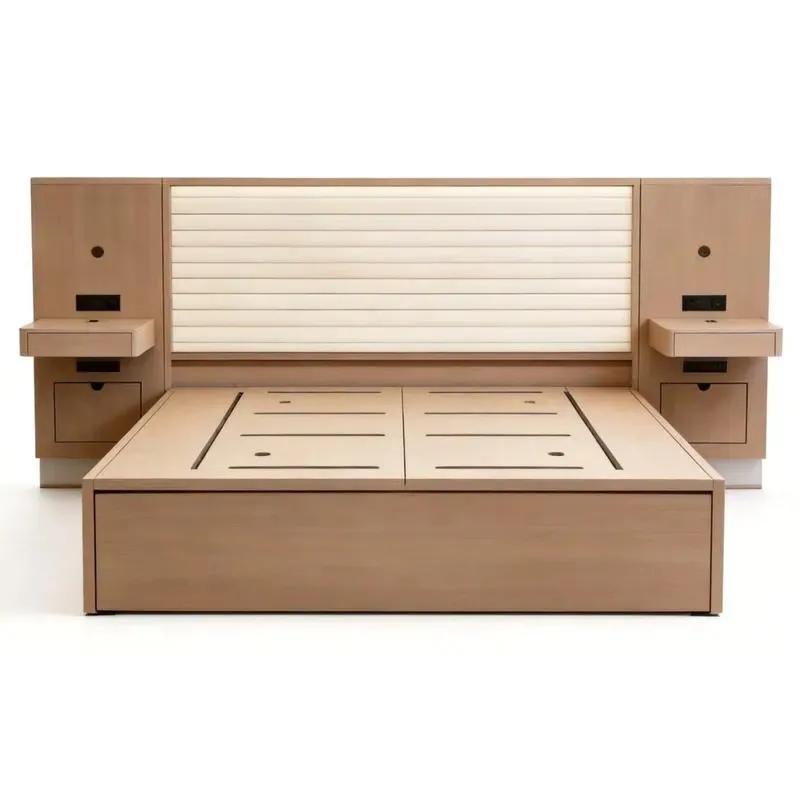 Modern Upholstered Platform Bed with Integrated Headboard and Nightstand Fireproof Furniture for Hotel Guest Apartments