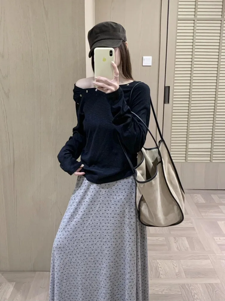 Korean Style Womens One Size Loose Sweater Solid Color Casual Off Shoulder Knitted Tops Designer Long Sleeved Pullover Sweaters