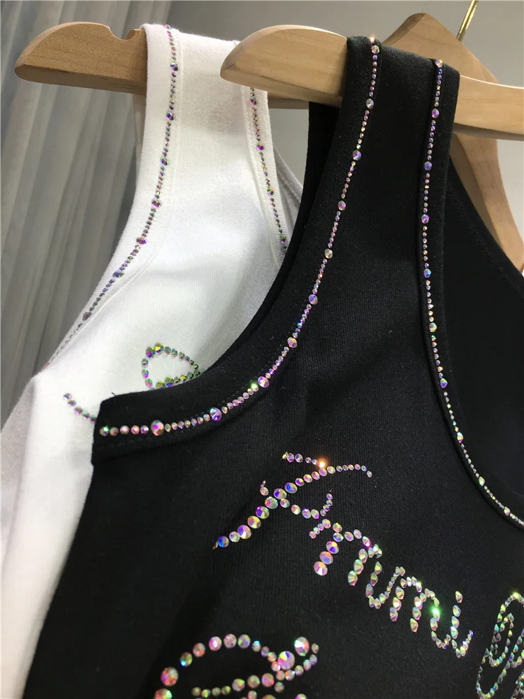 Shiny Letters Hot Drilling Women Camisole All-match O-neck Sleeveless T-shirt Letters Diamonds Large Size Spring Summer Tank Top