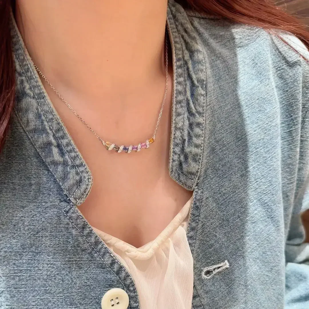 S925 Sterling Silber Halskette mit Bunten Zirkon-Edelsteinen, Schmuck-Accessoire für Damen Abendkleider und Partys – Detail 16