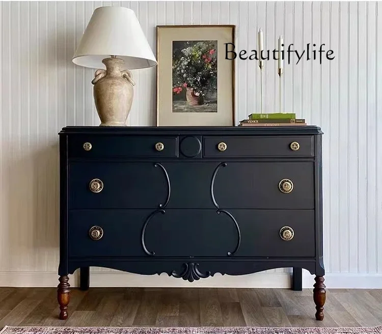 

B French Retro Small Chest Household Bedroom Solid Wood Bedside Cabinet Living Room Dining Side Multi-functional Storage Cabinet