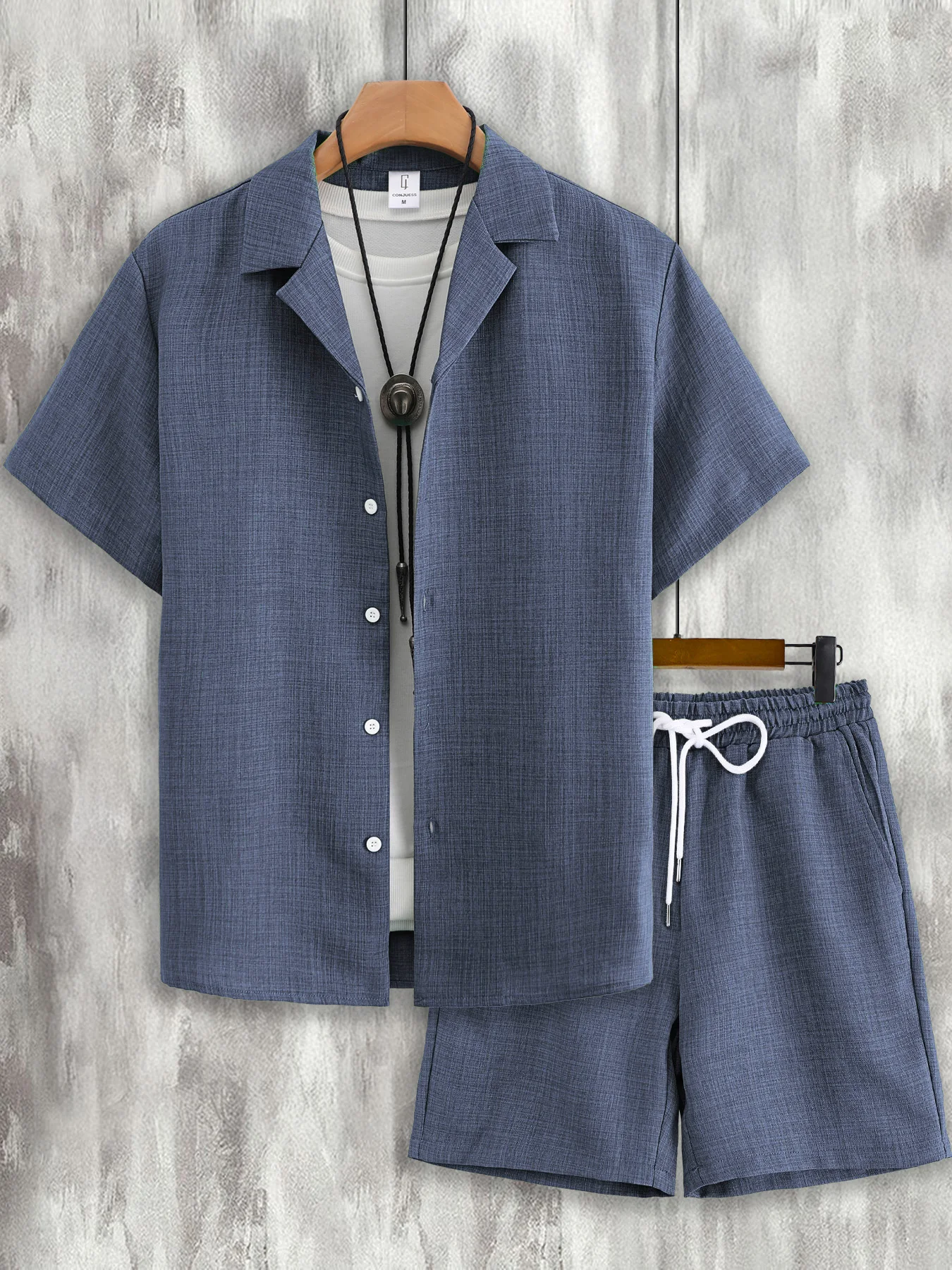 

Men's 2 Piece Haze Blue Textured Short Sleeve Set, Cuban Collar Shirt & Shorts Summer Casual Outfit