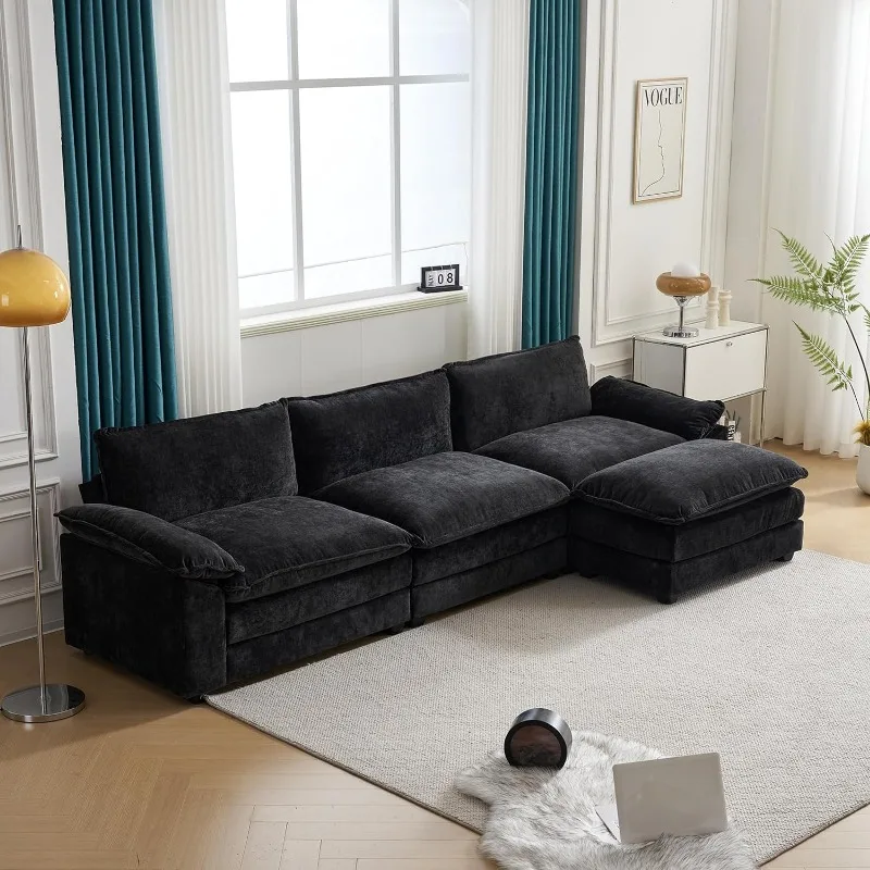 Sectional Sofa Modern Deep 3-Seat Sofa Couch with Ottoman, Chenille Sofa Sleeper Comfy Upholstered Furniture