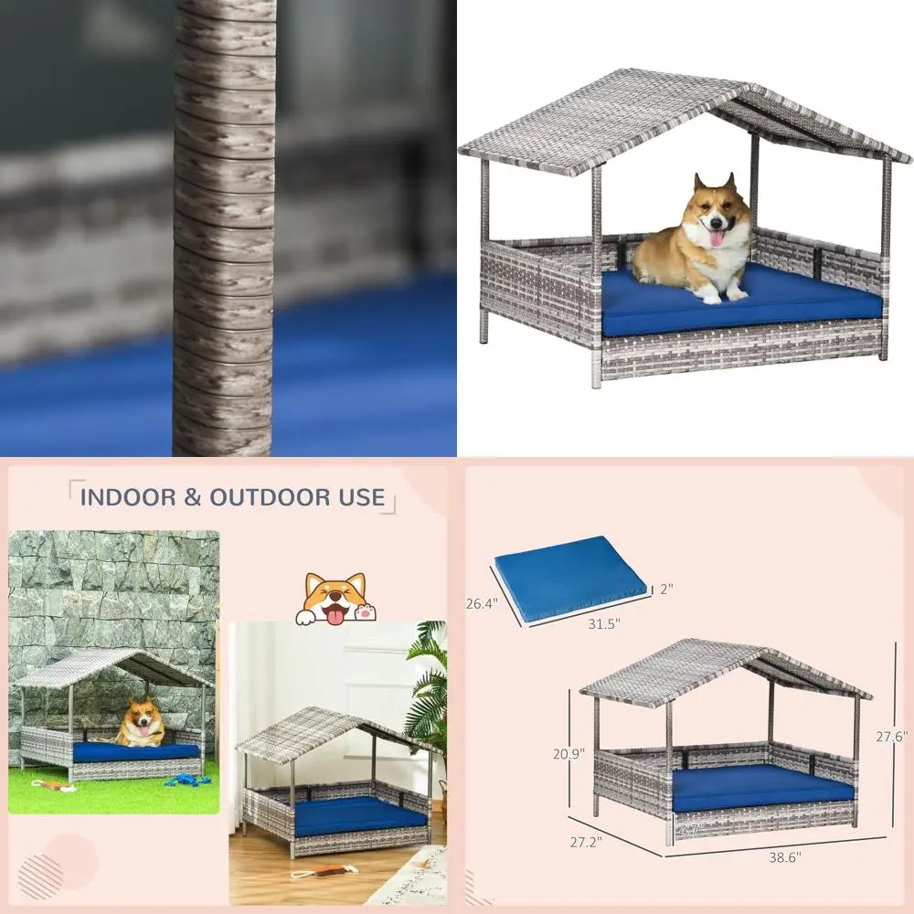 

Outdoor Wicker Dog House with Canopy and Water-Resistant Cushion, Suitable for Small to Medium Dogs up to 66 lbs, 20 Length, Gra