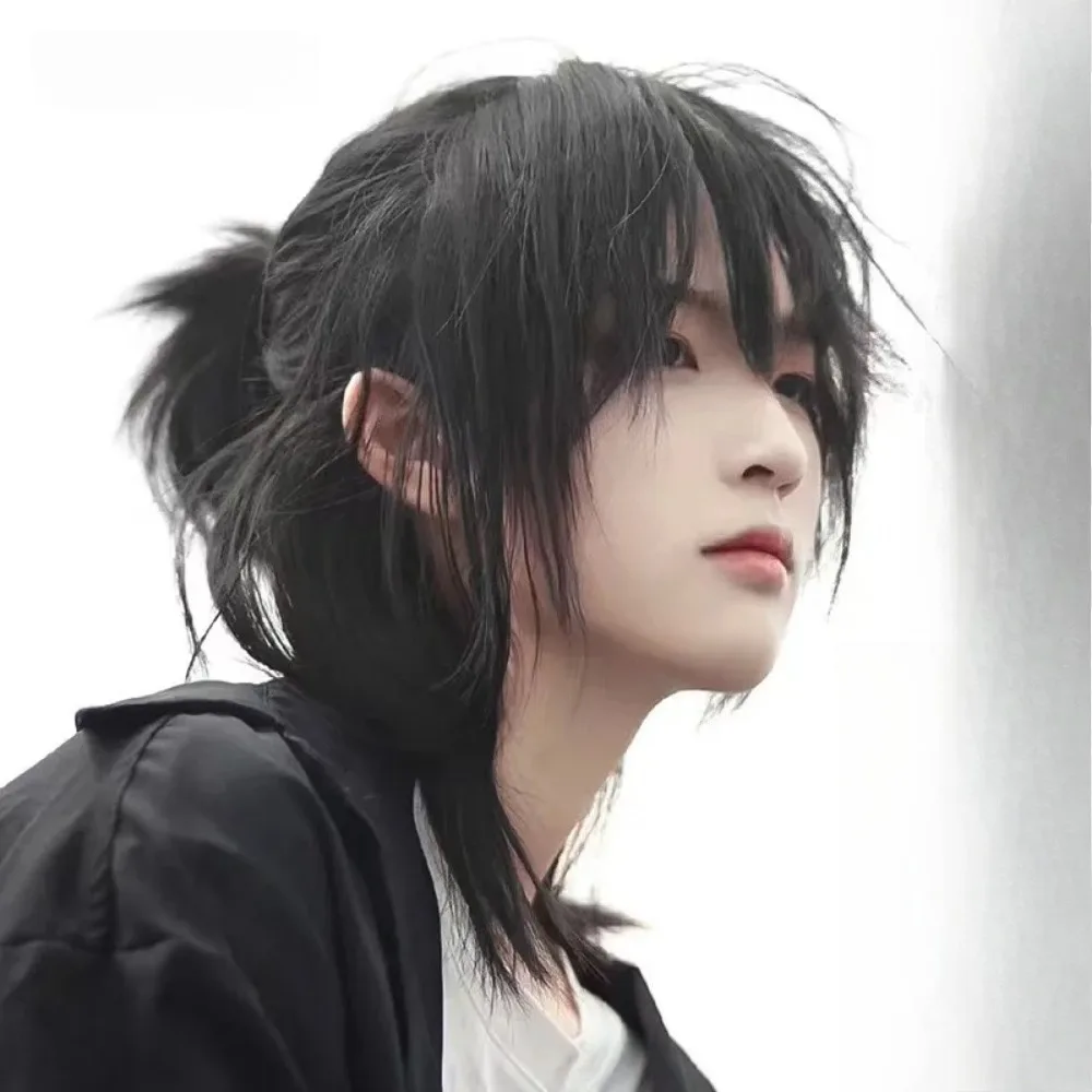 วิกผมทรงมัลเล็ตสั้นแบบมีหน้าม้า ผมตรงสังเคราะห์ สไตล์อนิเมะ สำหรับผู้ชาย สีดำ เทา เขียว เหมาะสำหรับใช้ในชีวิตประจำวัน งานปาร์ตี้ และคอสเพลย์
